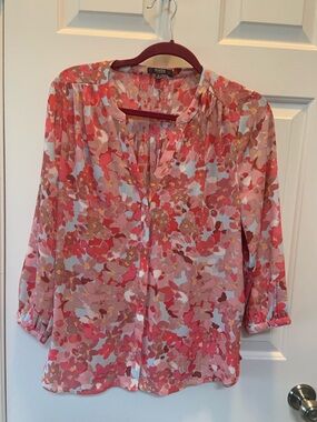NYDJ Coral Pink Floral Split-Neck Blouse